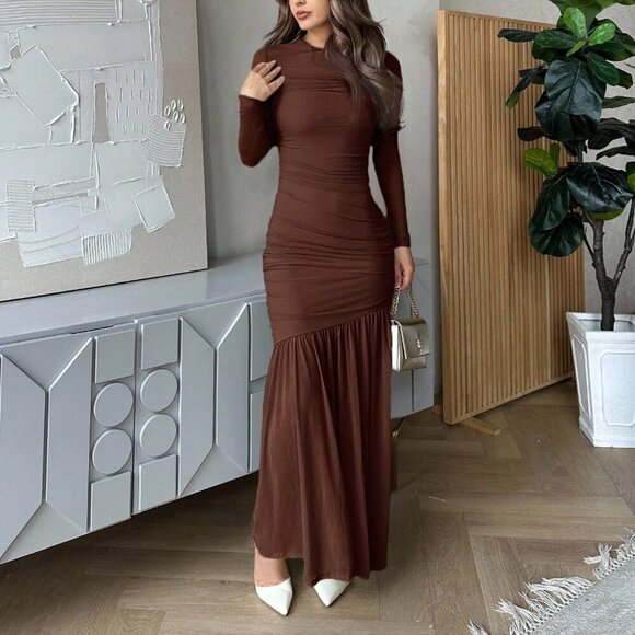 Dresses & Skirts - Chocolate Brown Elegant Women's Mesh Long Sleeve Round Neck Dress